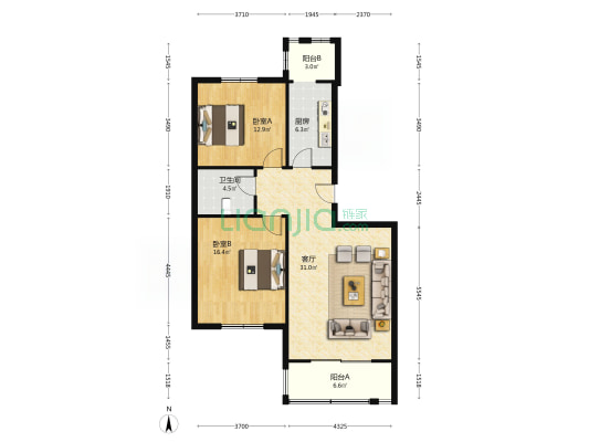 荷月阁北区 2室1厅1卫 99平方