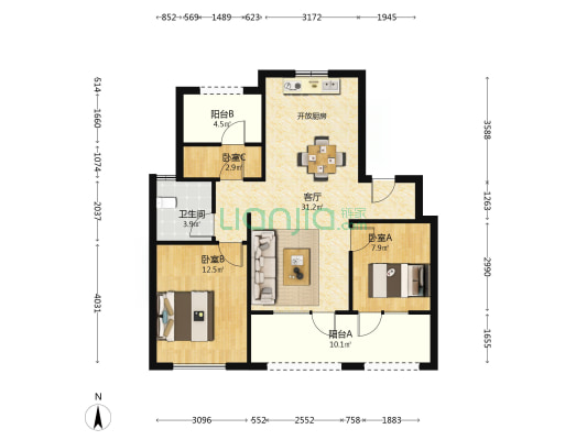我家阳光上城 3室1厅1卫 89平方