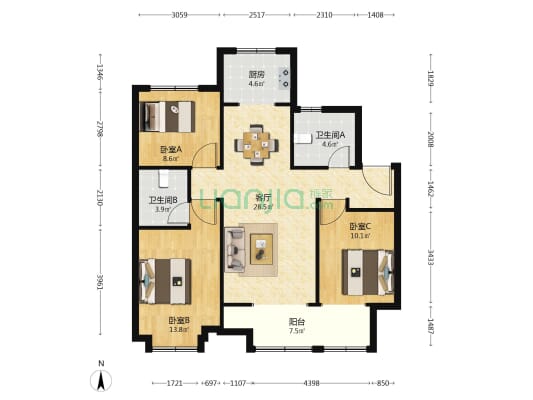 融创·时代壹号 3室1厅2卫 119平方