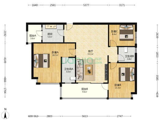 麓鸣九天麓语苑 3室1厅2卫 125平方