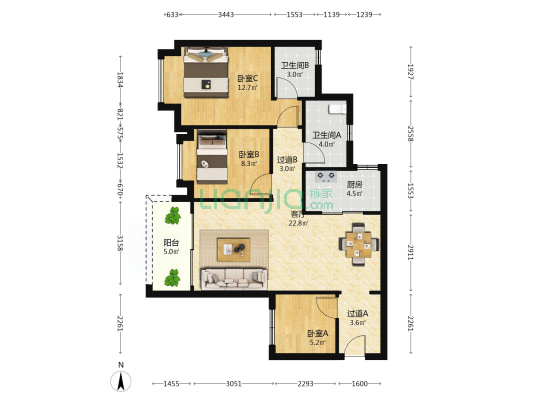 保利时代 3室1厅2卫 90平方