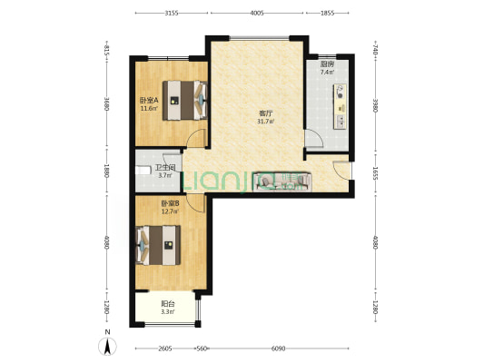 钻石广场   南北   两居室  商圈-户型图