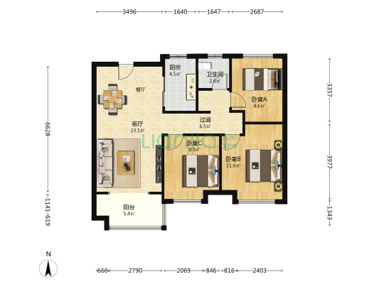 白桦林漫步 3室1厅1卫 103平方