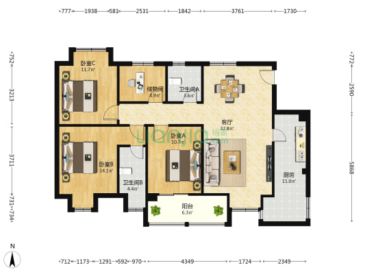 公园峰景 3室1厅2卫 116平方