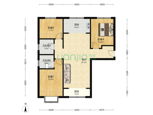 南北通透三居室，明厨明卫，采光视野好。-户型图