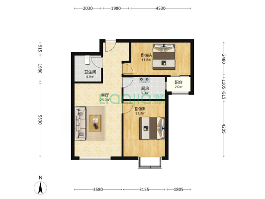 房子属于朝南两居中间楼层本满二-户型图