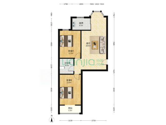 名流枫景五期 2室1厅 南 北-户型图