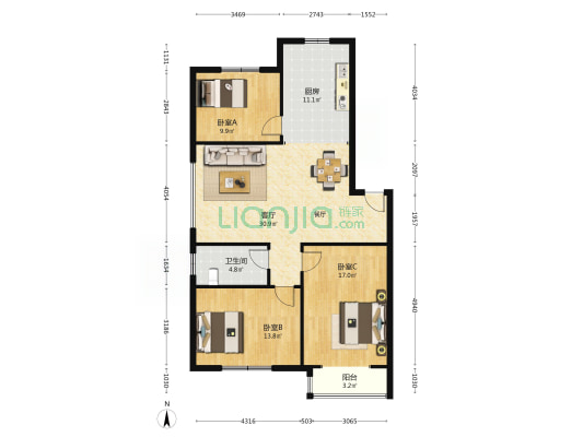 农博小区 3室1厅1卫 114平方