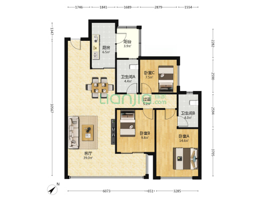 龙湖焕城 3室1厅2卫 128平方