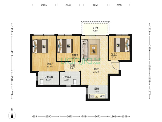 铂悦世家 3室1厅2卫 86平方
