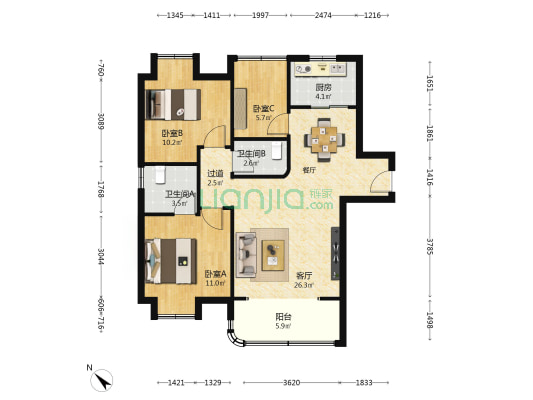 联发时代天境 3室1厅2卫 103平方