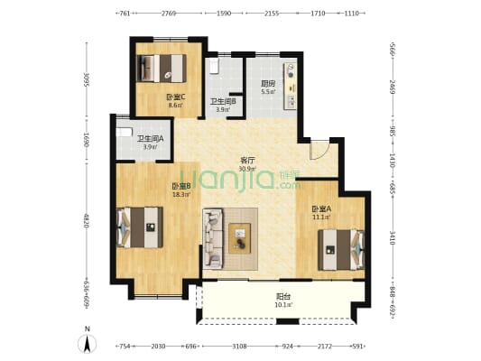 雅海苑 3室1厅2卫 113平方