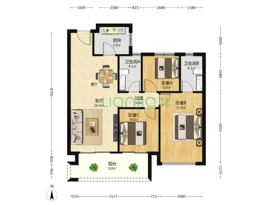璀璨湖畔清园 3室1厅2卫 106平方