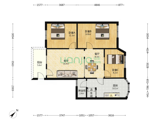 朝阳小区 3室2厅2卫 85平方