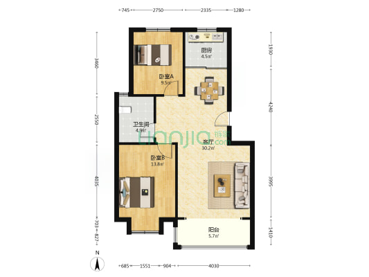 和谐宜家 2室1厅1卫 88平方