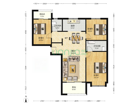 万科东望上樾 3室1厅2卫 128平方