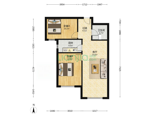 K2狮子城南区 2室2厅 南-户型图