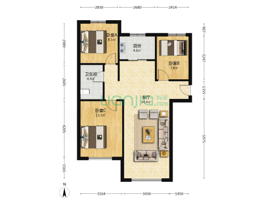 南北三居高楼层满二全天采光无遮挡，-户型图