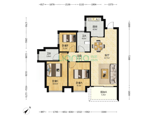 星河湖山春晓花园 3室1厅2卫 86平方