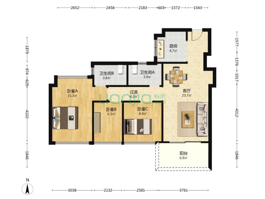 蔚蓝左岸花园 3室1厅2卫 96平方