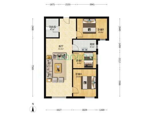 鸿坤理想湾北区 3室2厅 南-户型图