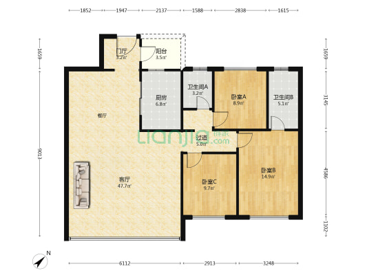 锦粼天曜  3室1厅2卫 130平方