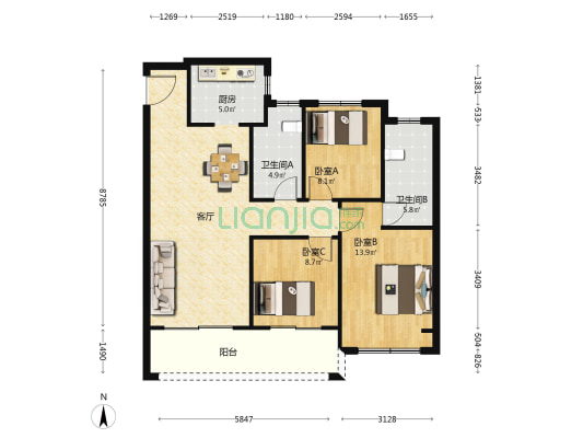 江月时光 3室1厅2卫 108平方