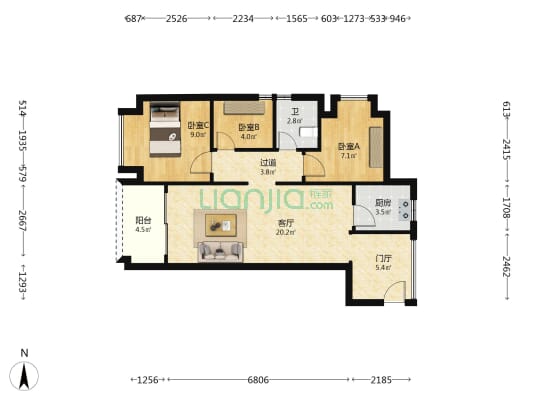 臻湾云庭 3室1厅1卫 77平方