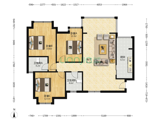 香都锦苑 3室1厅2卫 121平方