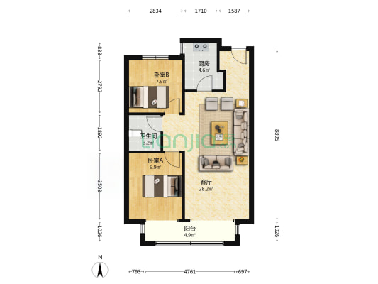 宝利新仕界 2室2厅 南-户型图