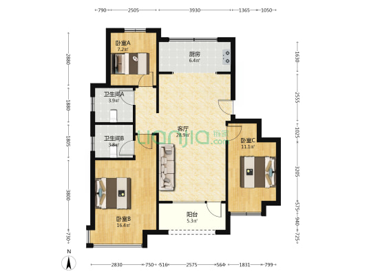 央企开发商 南北通透3居室 价钱可以谈-户型图