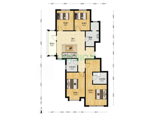 洋房，一梯两户，高铁商圈，南北通透-户型图