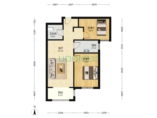 南向两居 简单装修 满二税少 24小时安保-户型图
