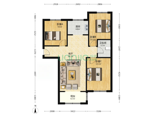 人车分流小区环境绿化面积达，生活配套齐全-户型图