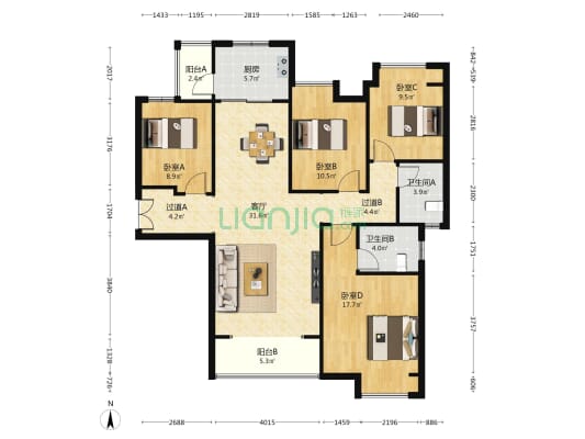 湘域芯城1期 4室1厅2卫 143平方