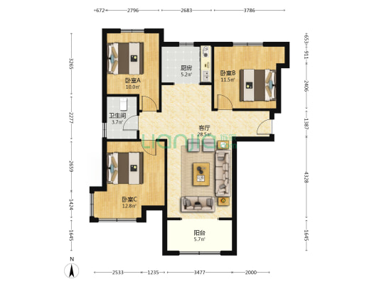 鹏渤印象城牛津花园 3室2厅 南 北-户型图