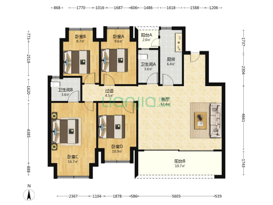 鲁能领秀城二期 4室1厅2卫 126平方