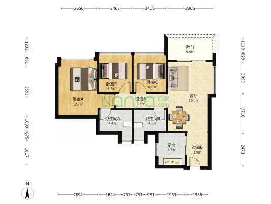 招商电建南国·雍云邸 3室1厅2卫 75平方
