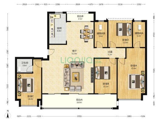 中建·钰山湖 4室1厅1卫 183平方