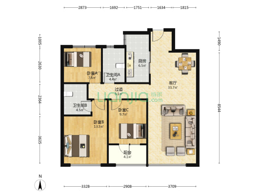 融创中心融誉 3室1厅2卫 119平方
