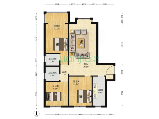 上东区东第 3室1厅2卫 116平方