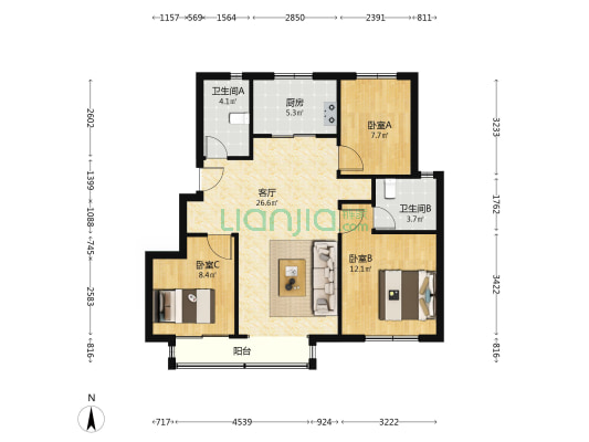 东文雅苑 3室1厅2卫 98平方
