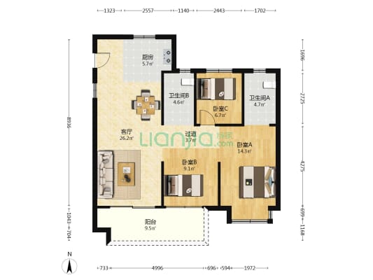 海涵苑 3室1厅2卫 111平方