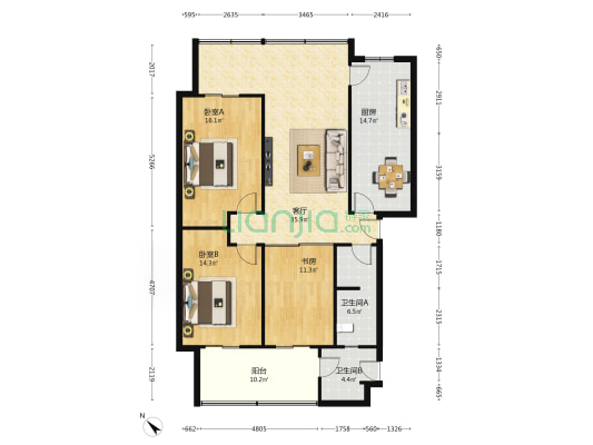 顺城街1号 3室1厅2卫 129平方