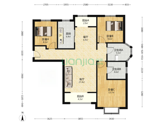 房子南北通透大三居，简单装修，带车位。-户型图