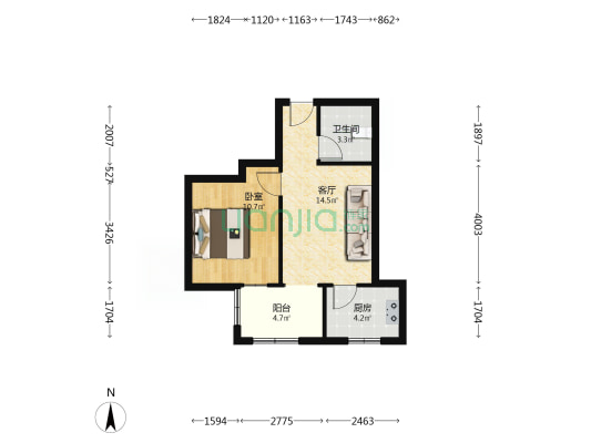 正规朝南一居室 华阳主路旁精装修 满五唯一-户型图