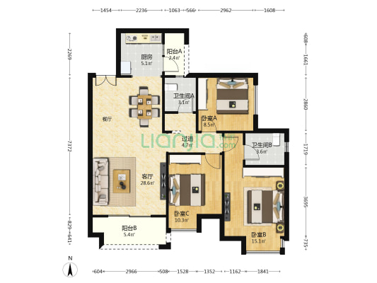 泰美蓝山 3室1厅2卫 106平方