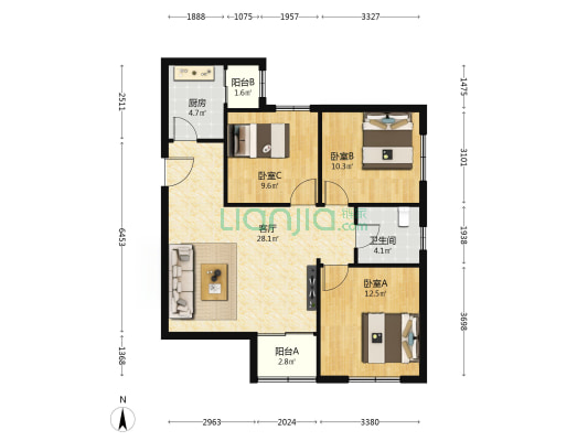 三号院中区 3室1厅1卫 98平方