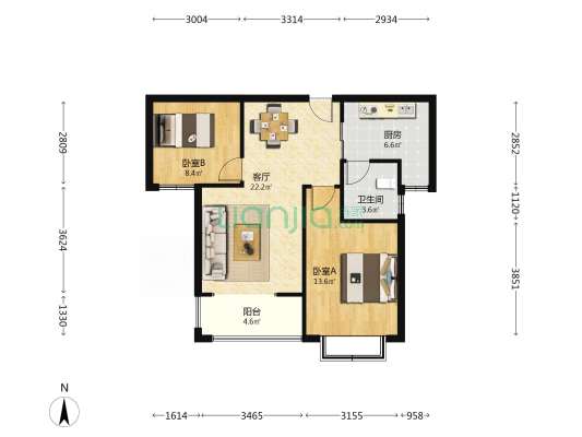 柏子居 2室1厅1卫 80平方