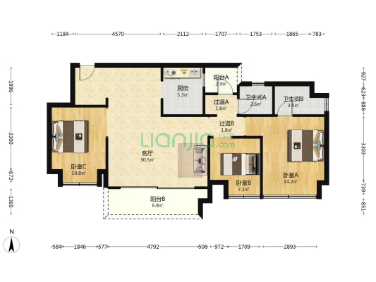 中央公园悦府云谷 3室1厅2卫 96平方
